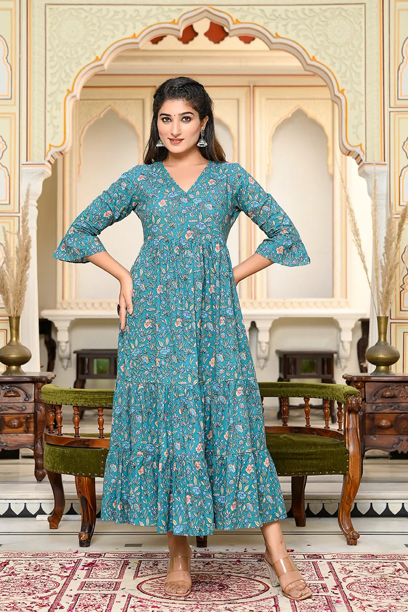 Dark Green Long Printed Tired Dress With Gather