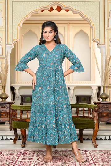 Dark Green Long Printed Tired Dress With Gather