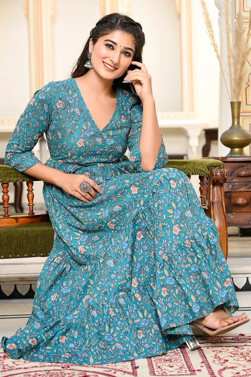 Dark Green Long Printed Tired Dress With Gather