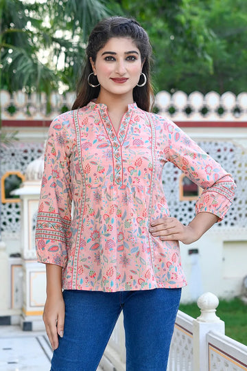 Pink Print Mandarin Collar Empire Pure Cotton Longline Top