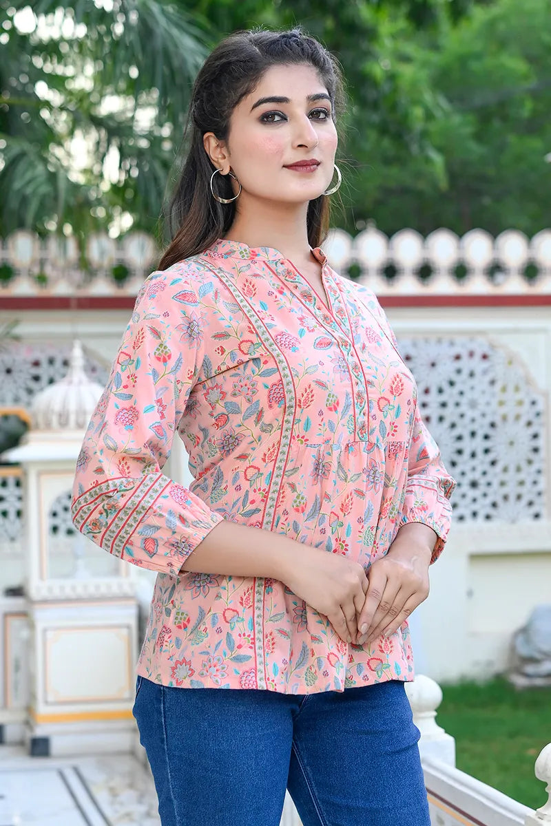Pink Print Mandarin Collar Empire Pure Cotton Longline Top