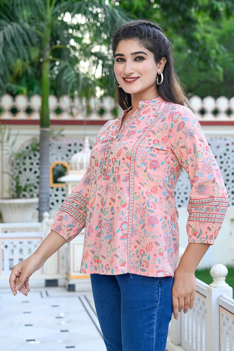 Pink Print Mandarin Collar Empire Pure Cotton Longline Top