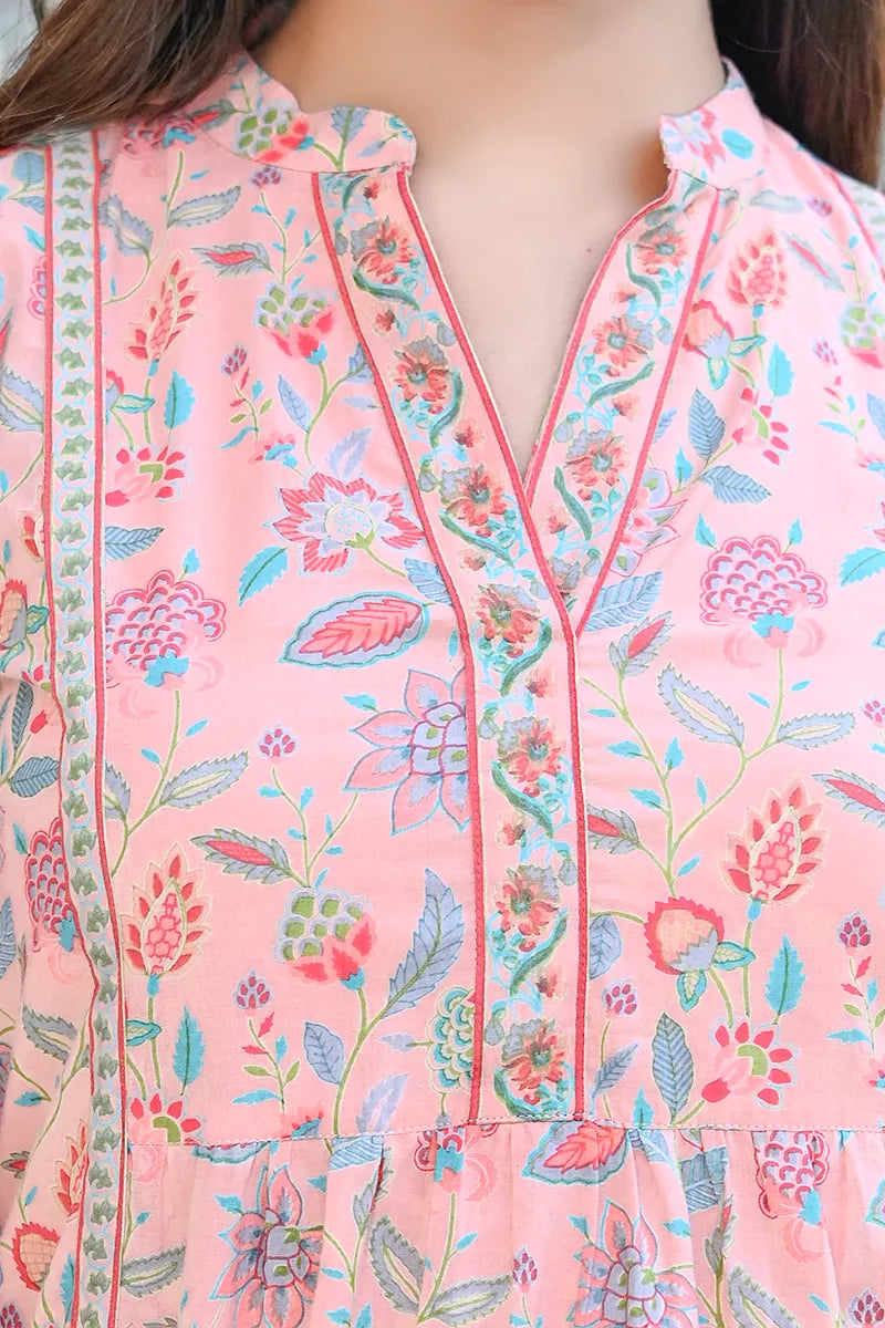 Pink Print Mandarin Collar Empire Pure Cotton Longline Top
