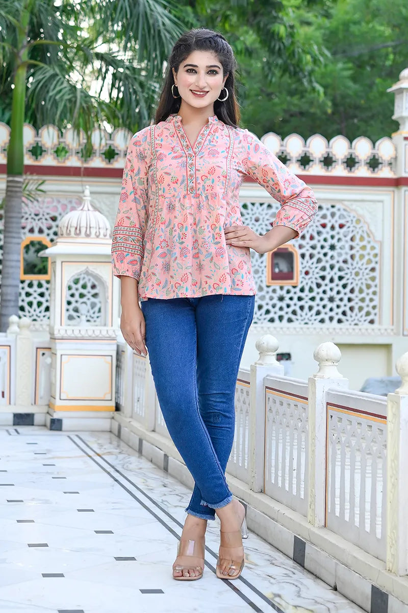 Pink Print Mandarin Collar Empire Pure Cotton Longline Top
