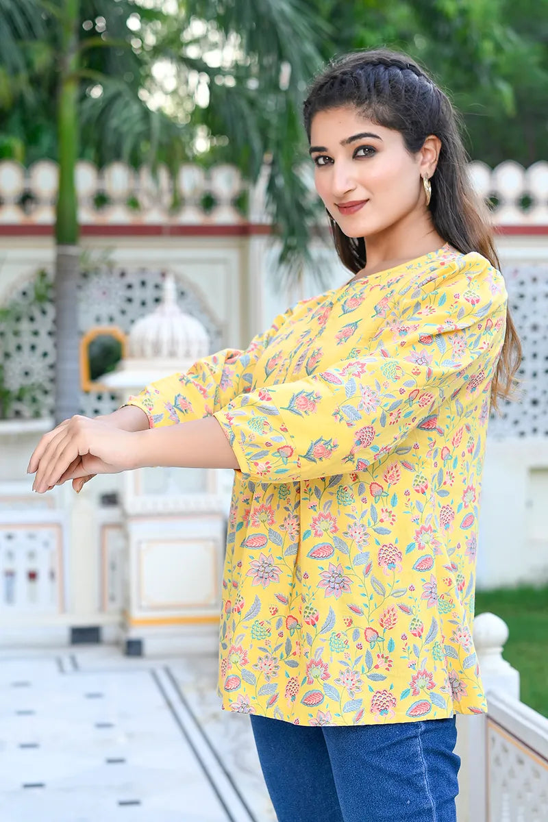 Yellow Floral Printed V-Neck Top