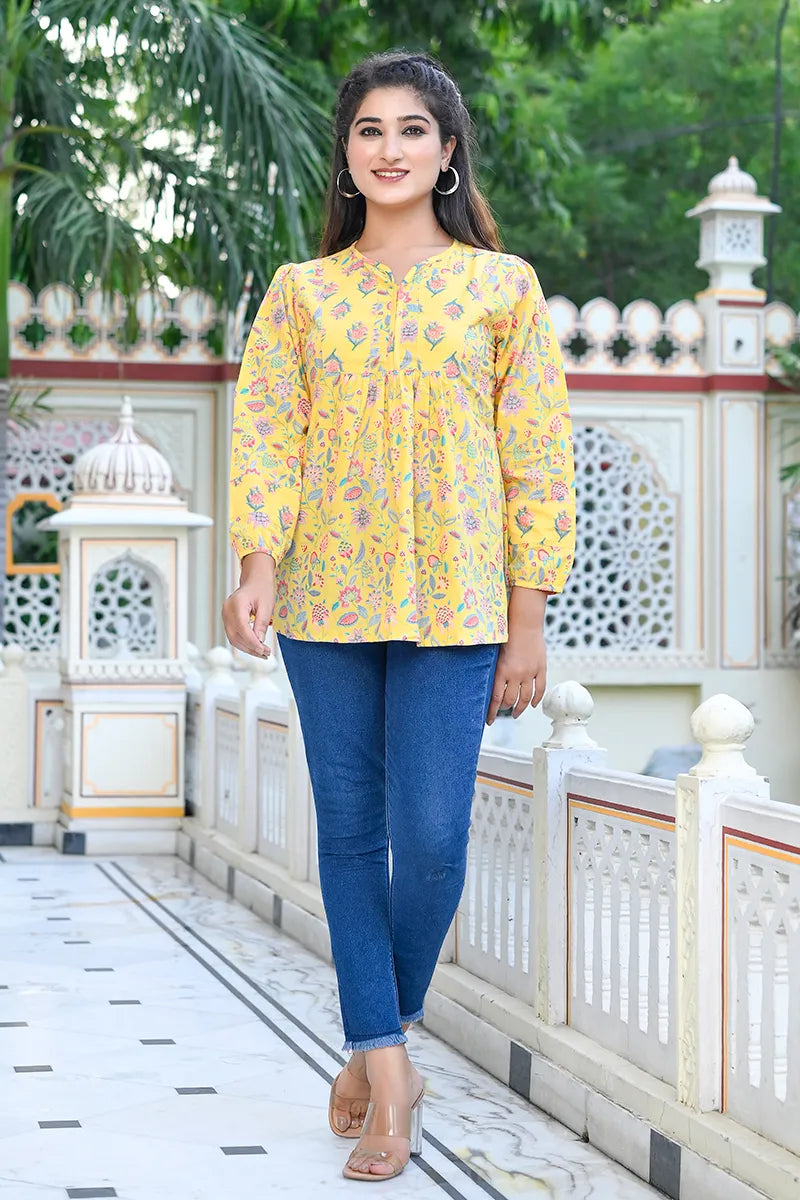Yellow Floral Printed V-Neck Top