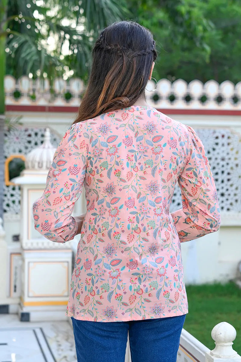 Pink Floral Printed V-Neck Top