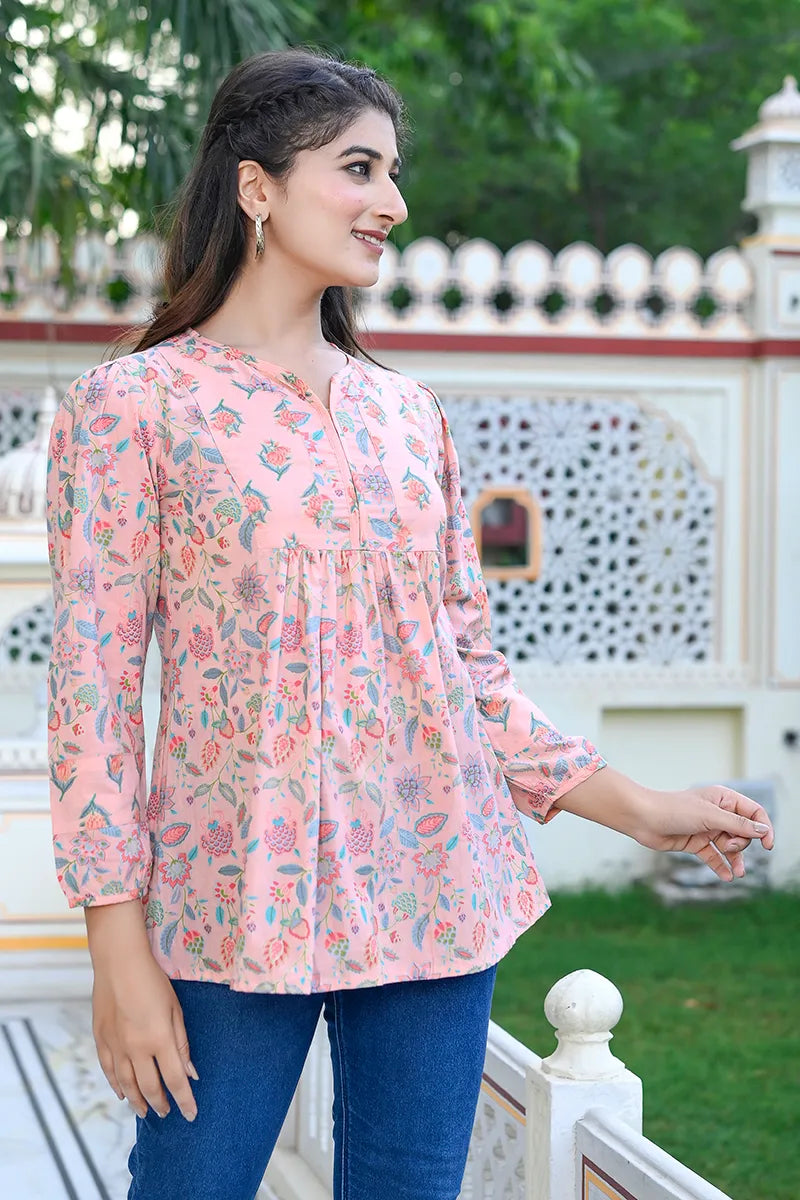 Pink Floral Printed V-Neck Top