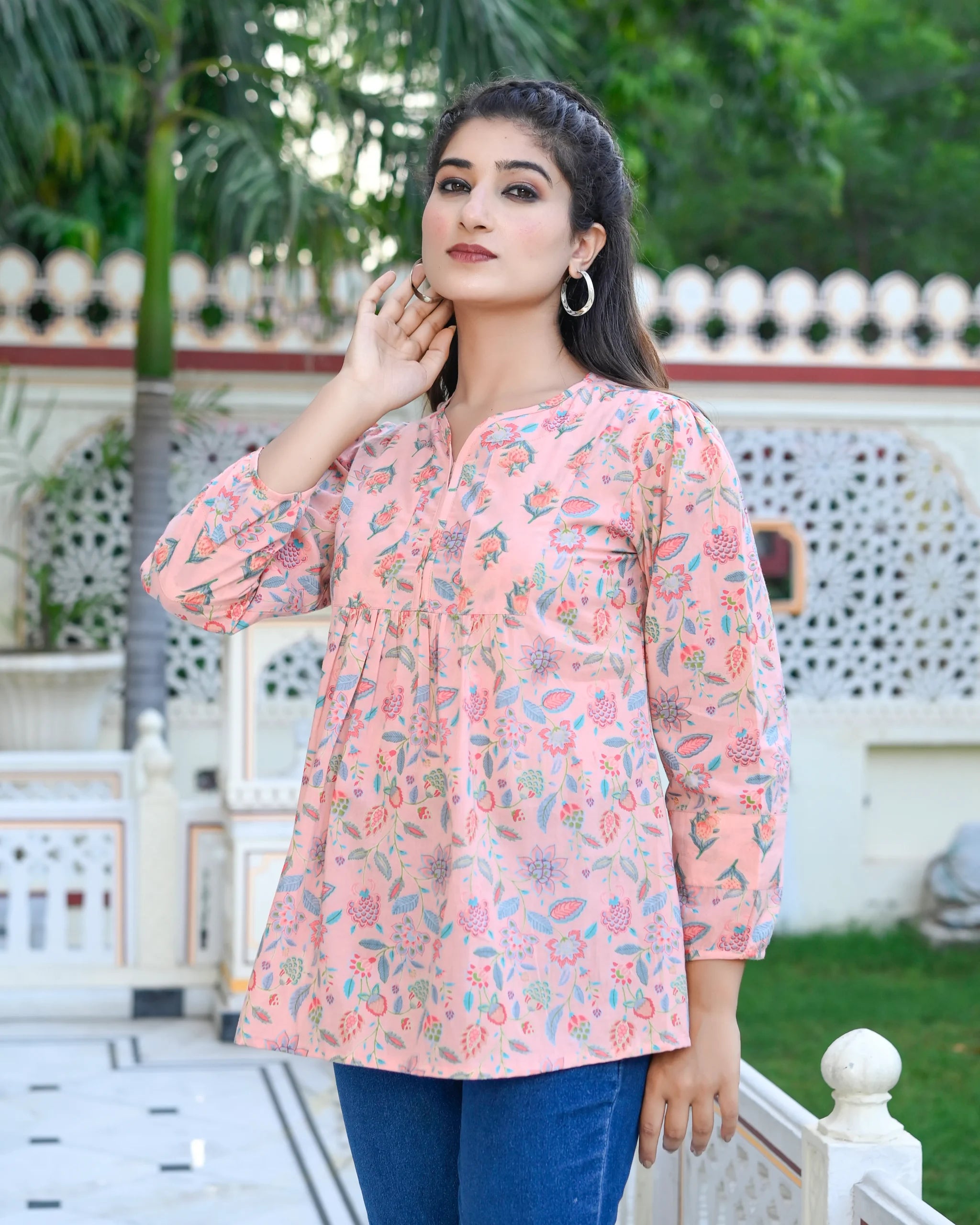 Pink Floral Printed V-Neck Top