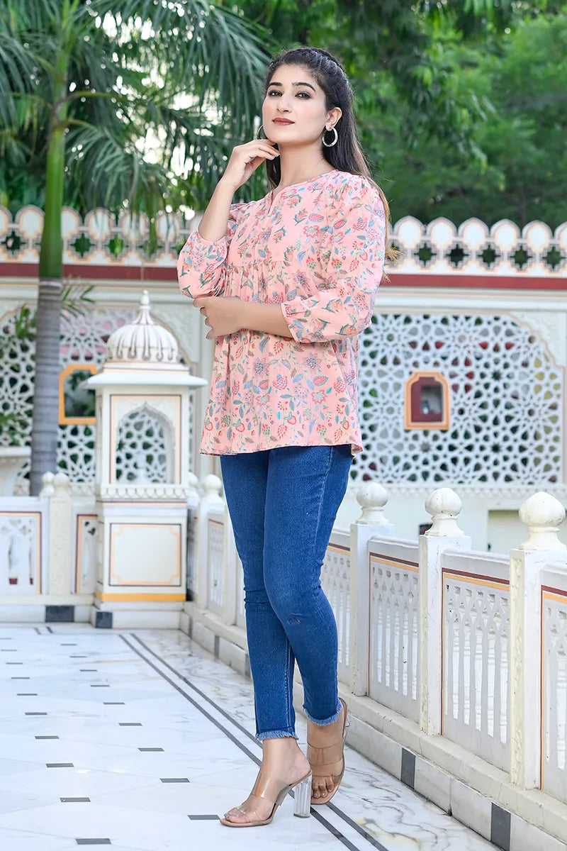 Pink Floral Printed V-Neck Top