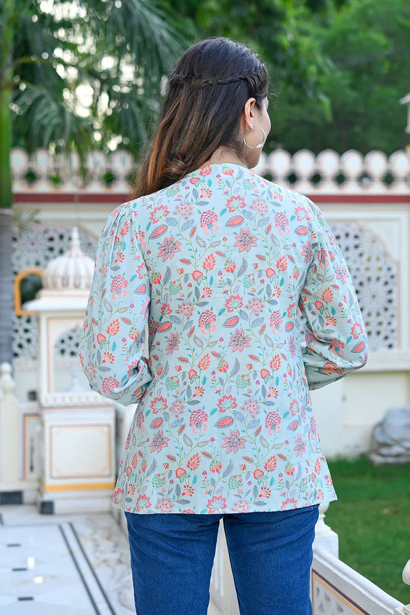 Green Floral Printed V-Neck Top