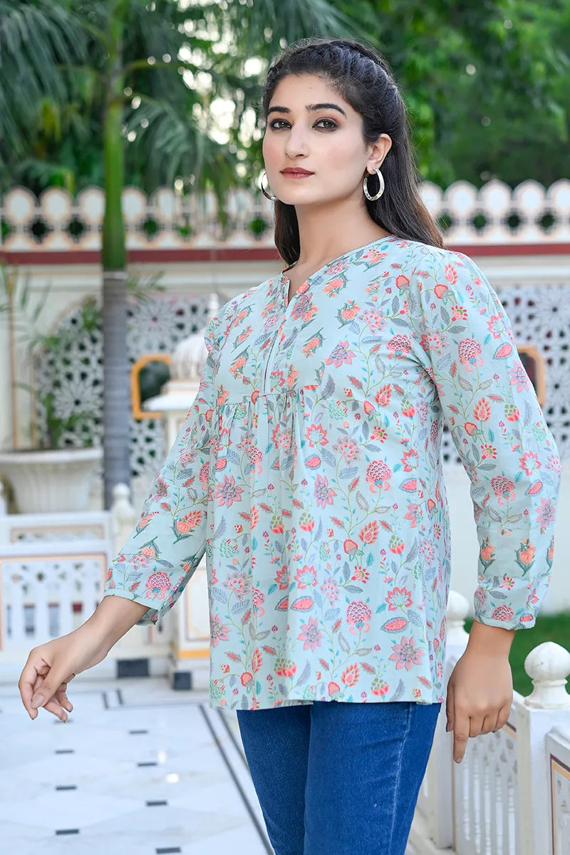 Green Floral Printed V-Neck Top