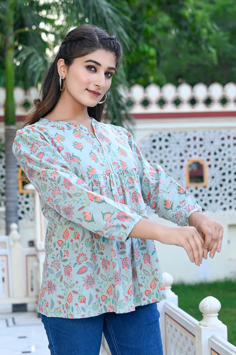 Green Floral Printed V-Neck Top