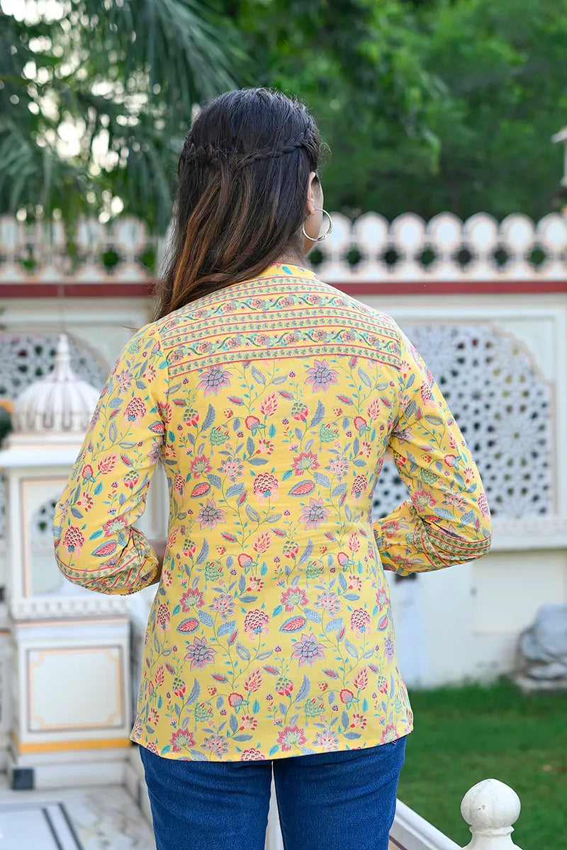 Yellow Print Mandarin Collar Empire Pure Cotton Longline Top