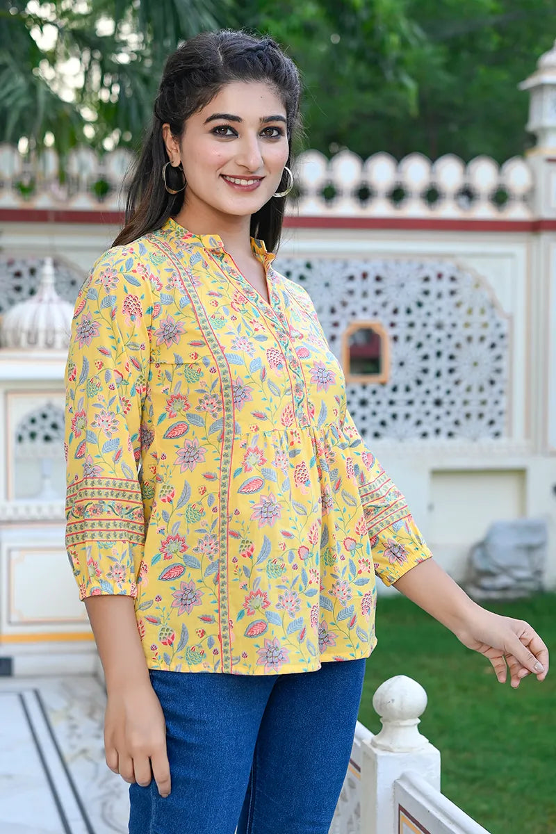 Yellow Print Mandarin Collar Empire Pure Cotton Longline Top