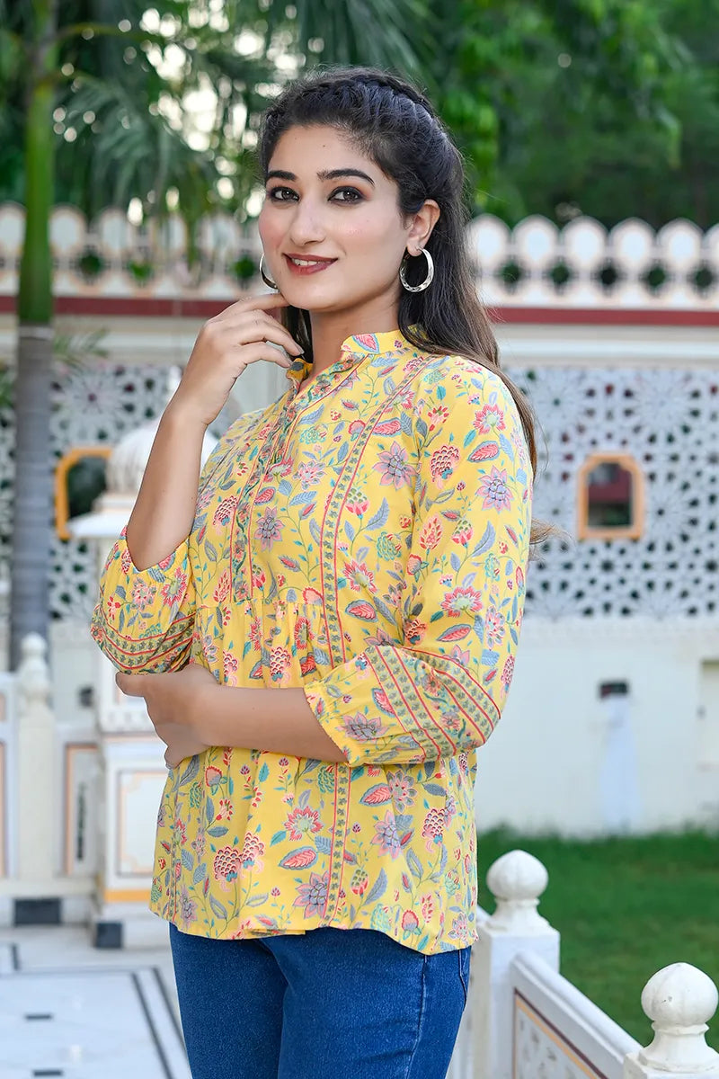 Yellow Print Mandarin Collar Empire Pure Cotton Longline Top