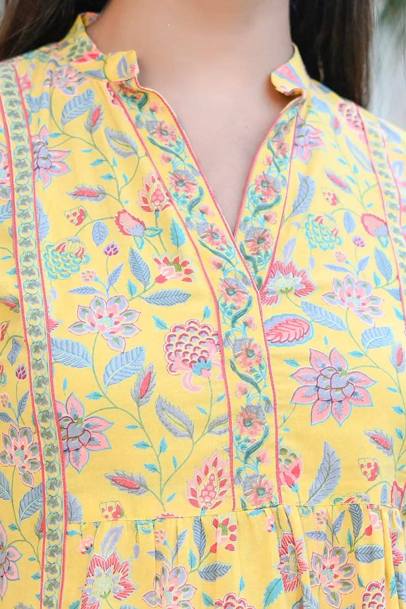 Yellow Print Mandarin Collar Empire Pure Cotton Longline Top