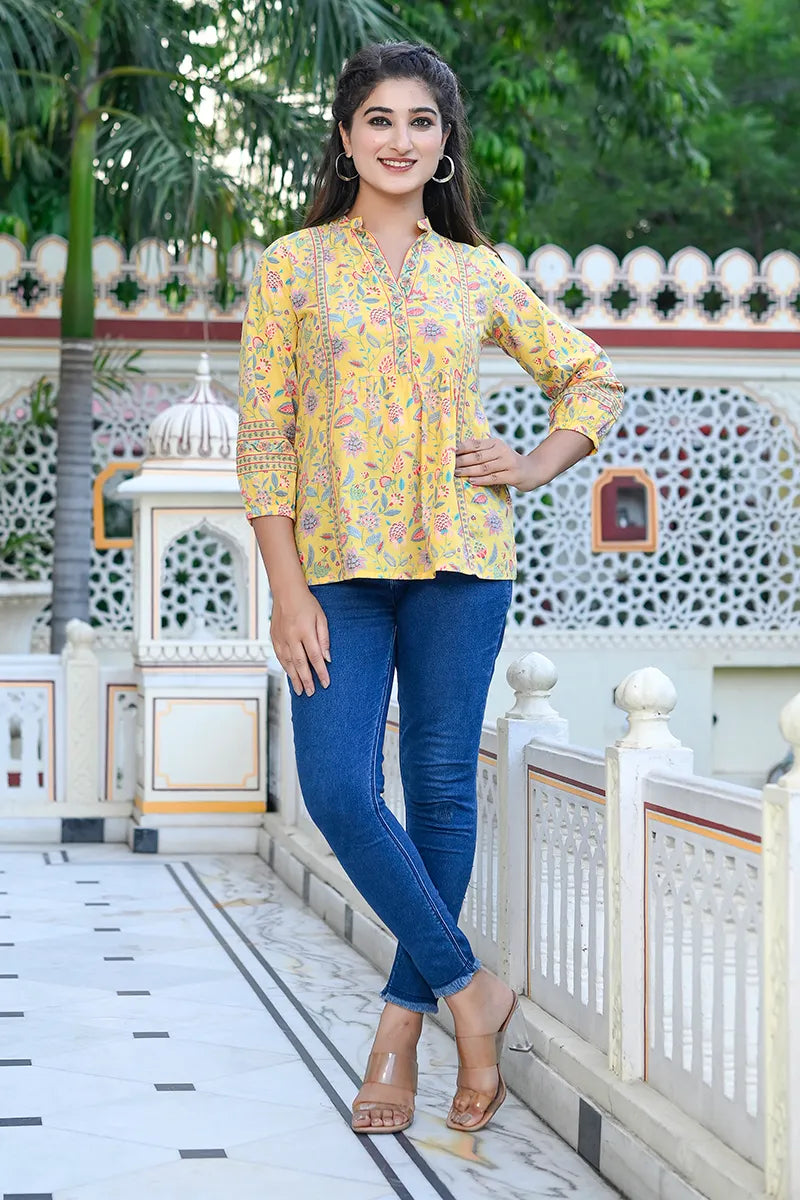Yellow Print Mandarin Collar Empire Pure Cotton Longline Top