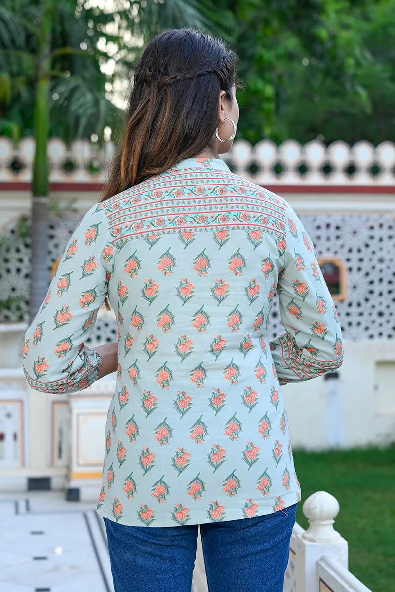 Green Print Mandarin Collar Empire Pure Cotton Longline Top
