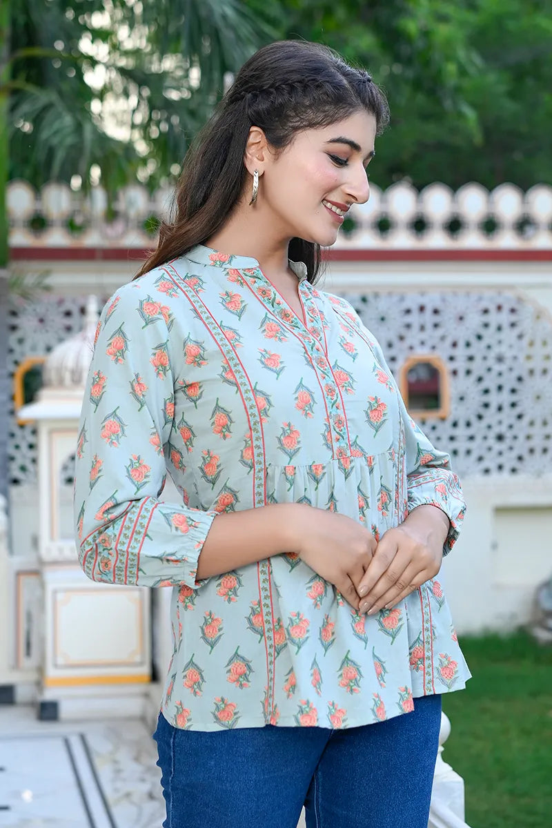 Green Print Mandarin Collar Empire Pure Cotton Longline Top