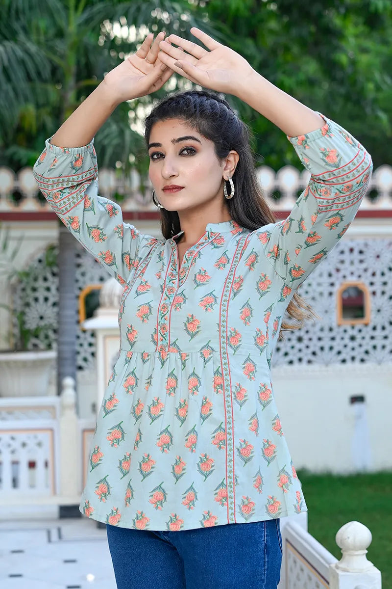 Green Print Mandarin Collar Empire Pure Cotton Longline Top