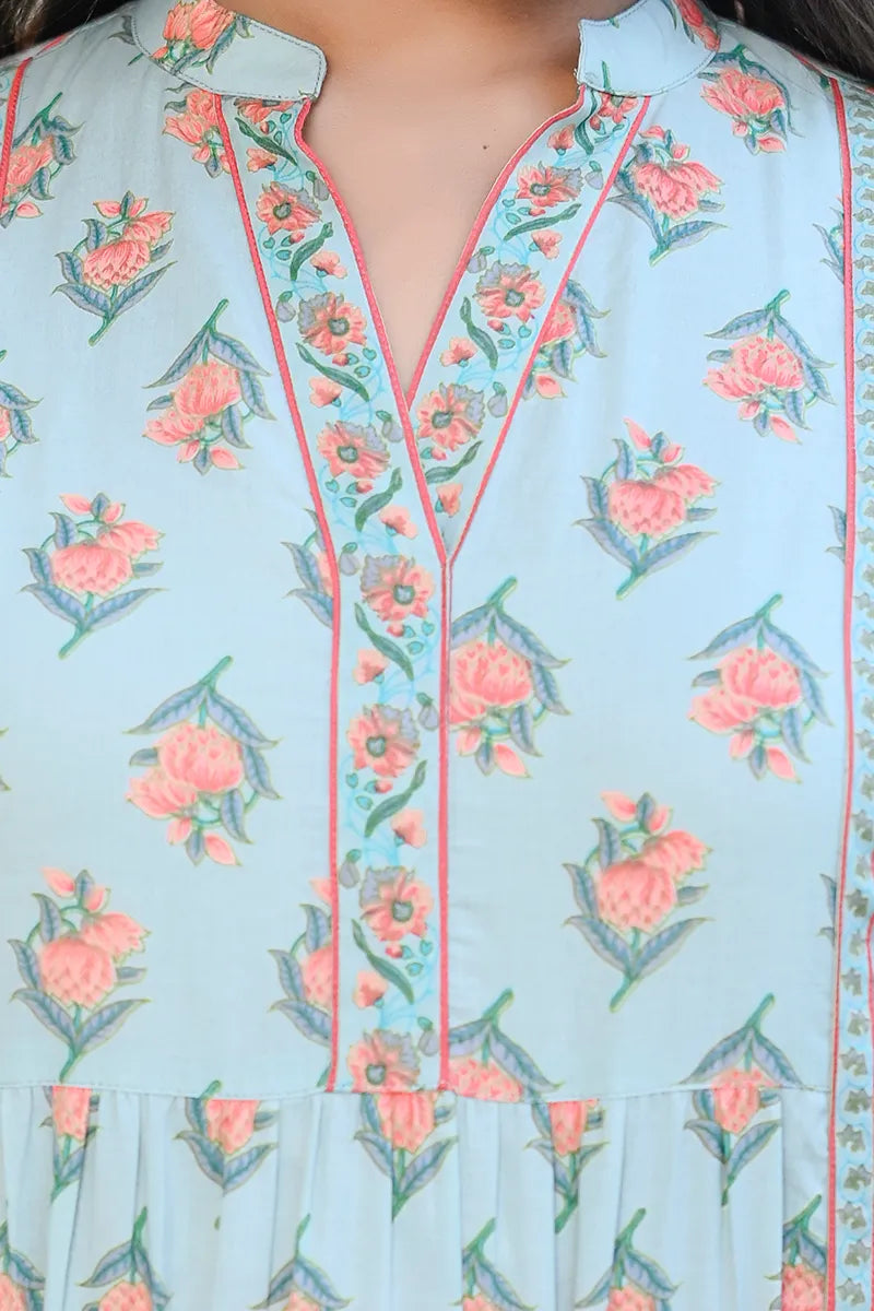 Green Print Mandarin Collar Empire Pure Cotton Longline Top