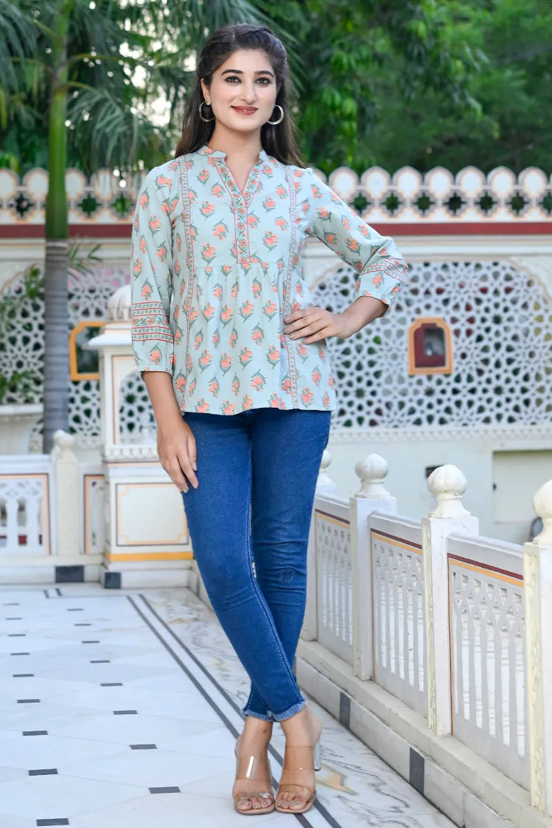 Green Print Mandarin Collar Empire Pure Cotton Longline Top
