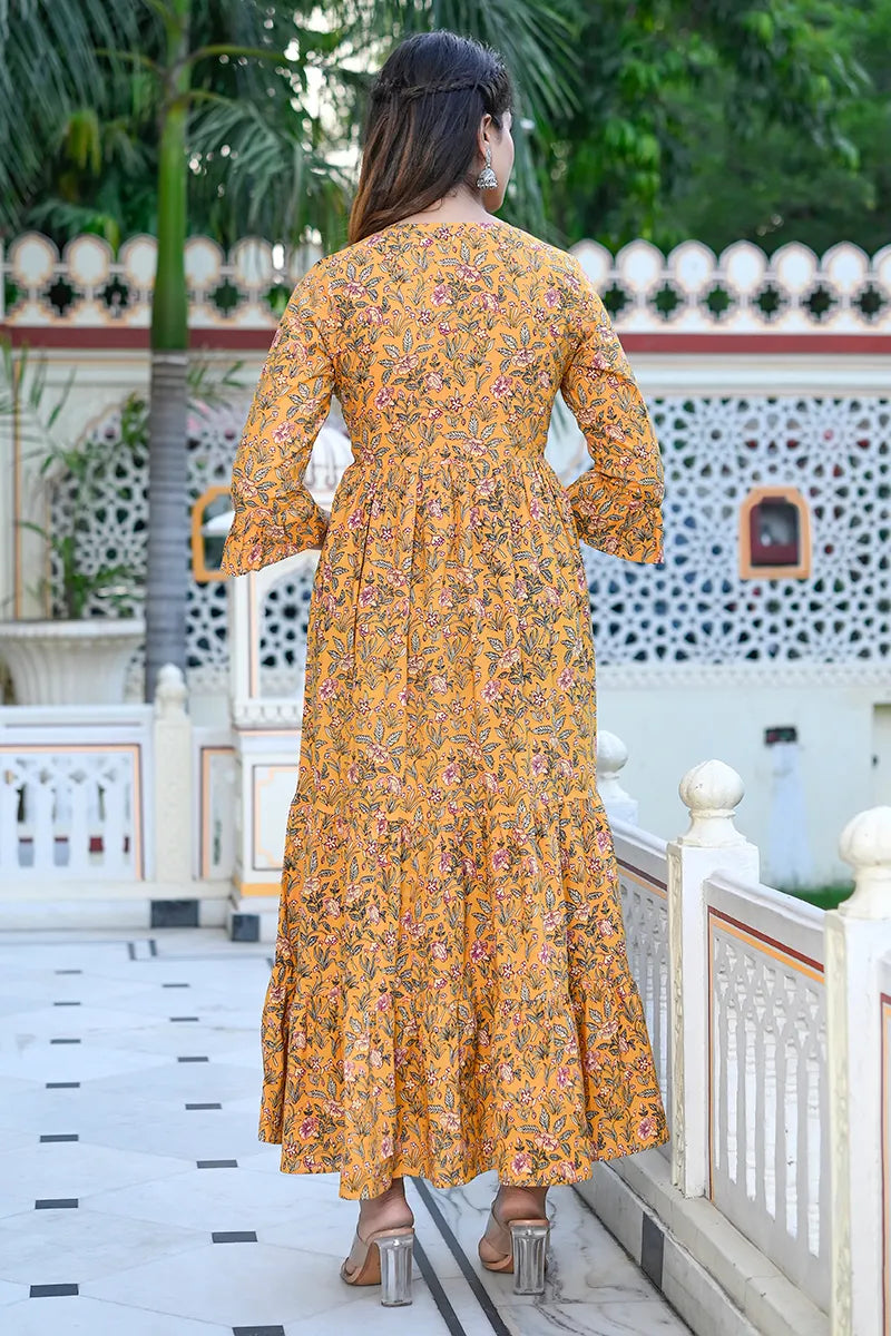 Mustard Long Printed Tired Dress With Gather