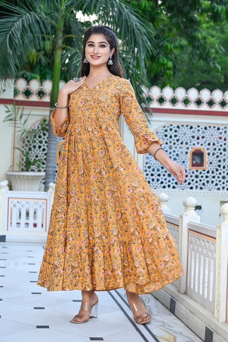 Mustard Long Printed Tired Dress With Gather
