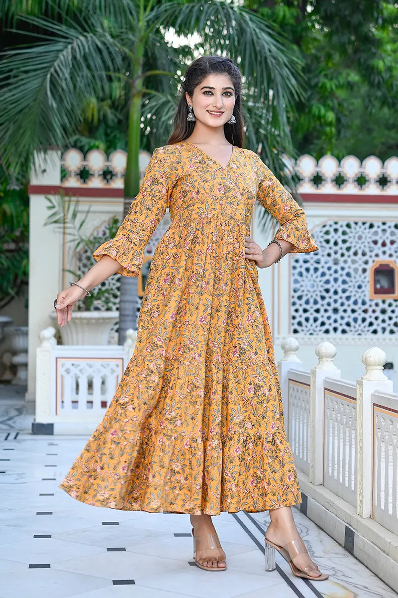 Mustard Long Printed Tired Dress With Gather