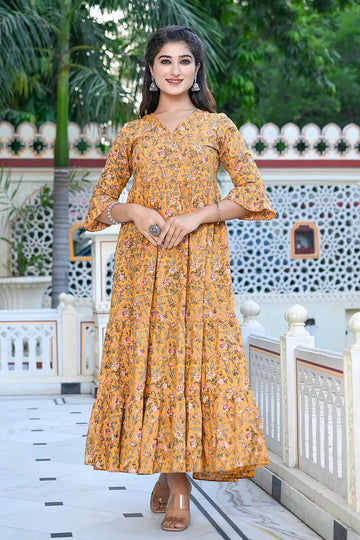 Mustard Long Printed Tired Dress With Gather