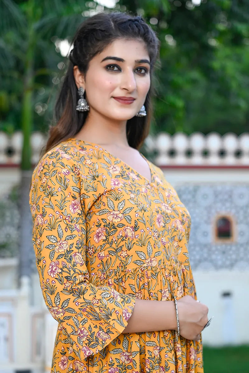 Mustard Long Printed Tired Dress With Gather