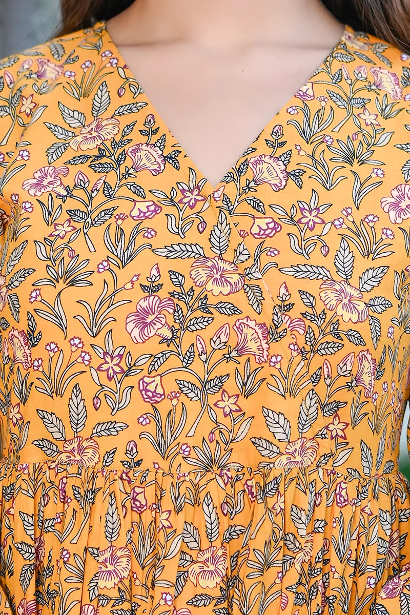 Mustard Long Printed Tired Dress With Gather