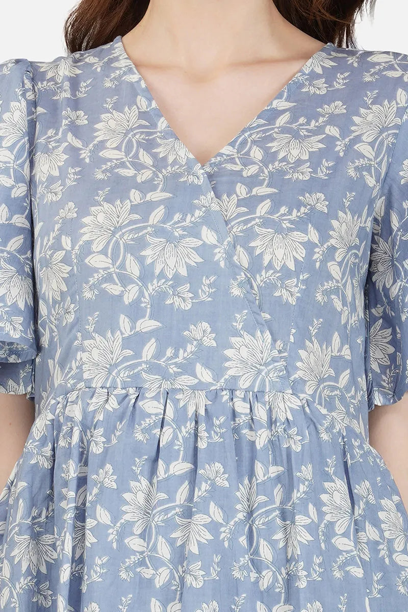 Blue Block Printed V-Neck Ruffled Dress