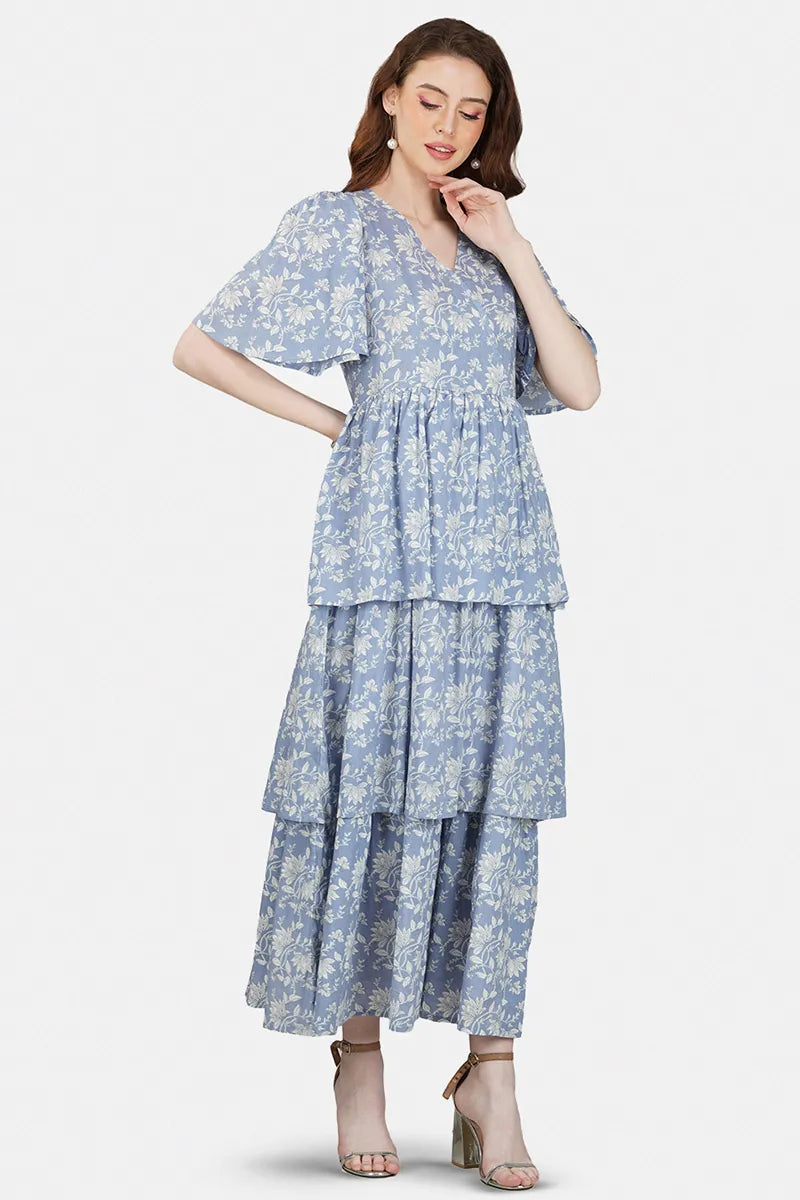 Blue Block Printed V-Neck Ruffled Dress