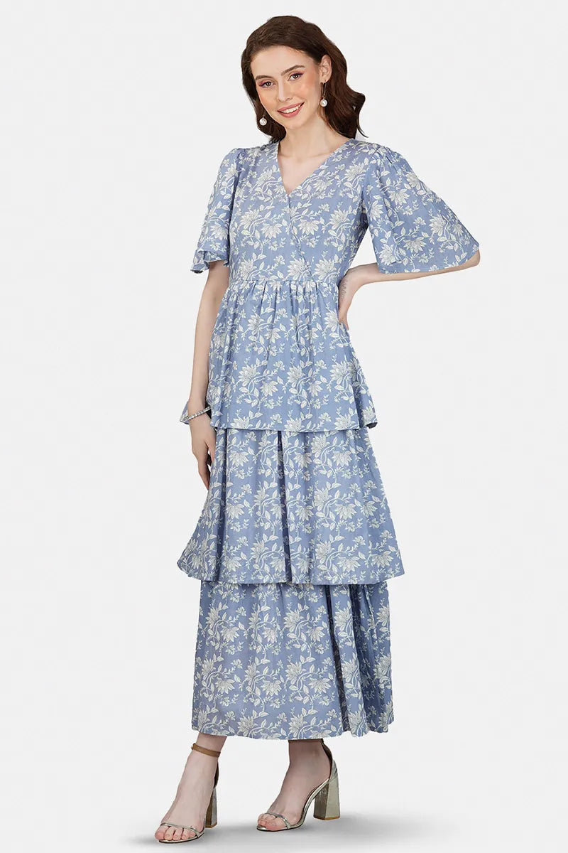 Blue Block Printed V-Neck Ruffled Dress