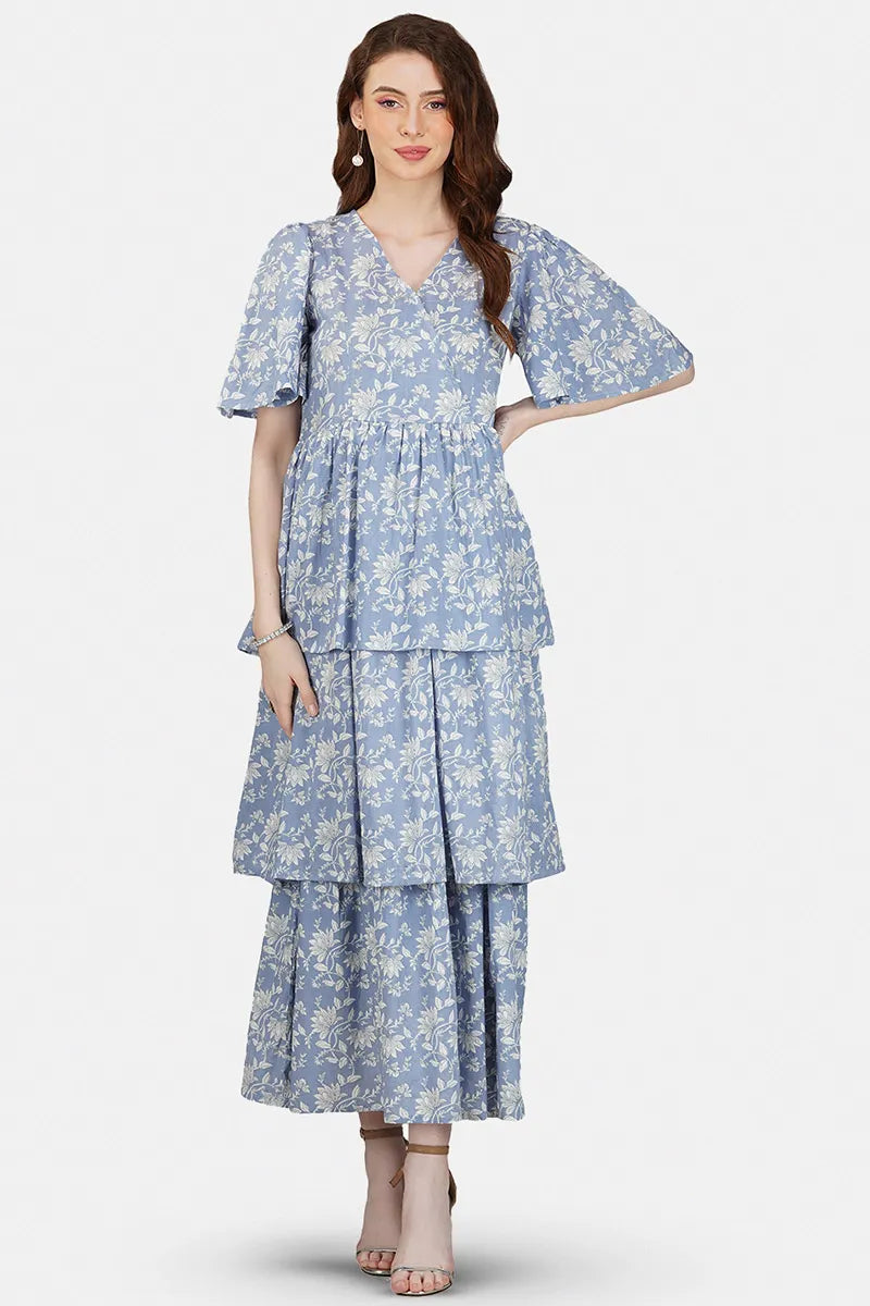 Blue Block Printed V-Neck Ruffled Dress