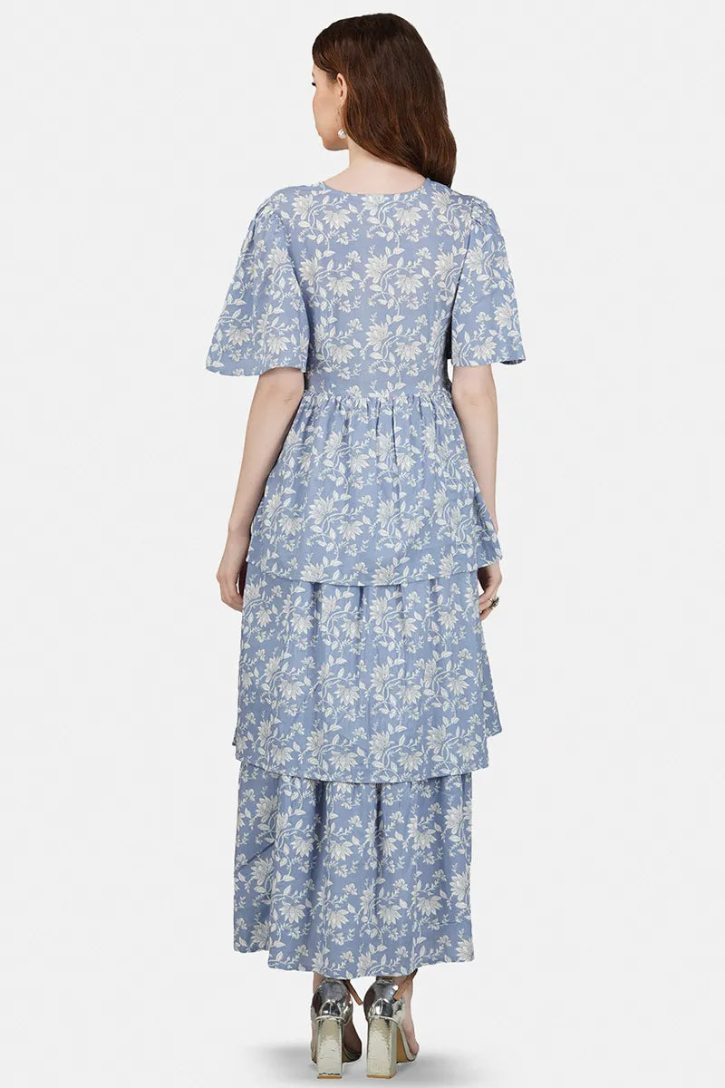 Blue Block Printed V-Neck Ruffled Dress