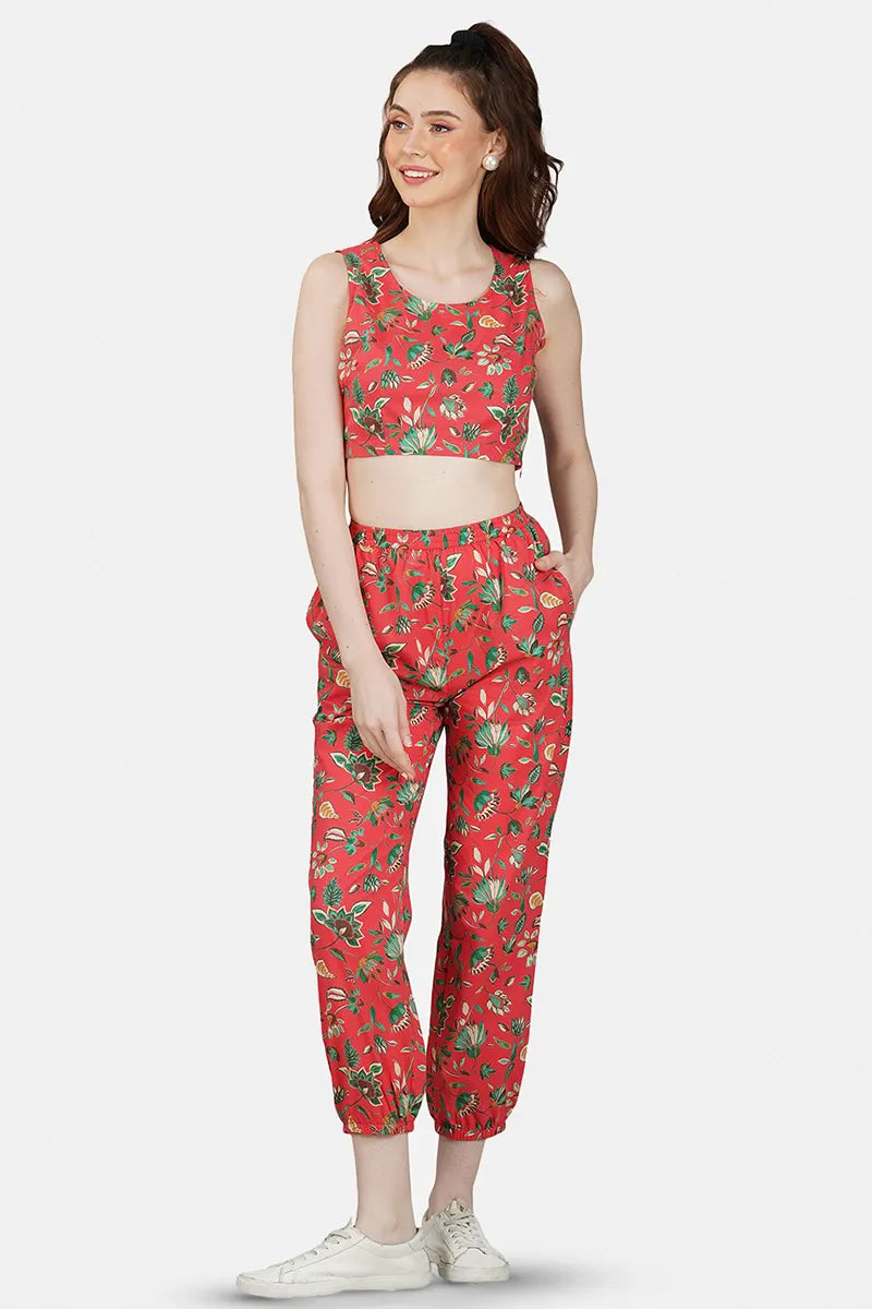 Red Hand Printed Jacket Set With Inner & Trouser