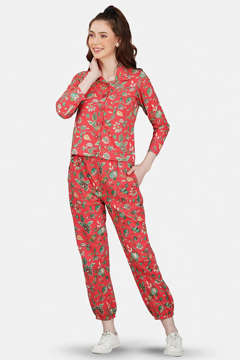 Red Hand Printed Jacket Set With Inner & Trouser