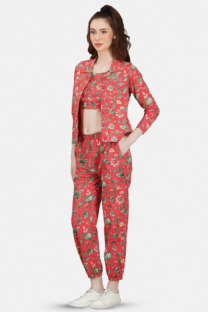 Red Hand Printed Jacket Set With Inner & Trouser