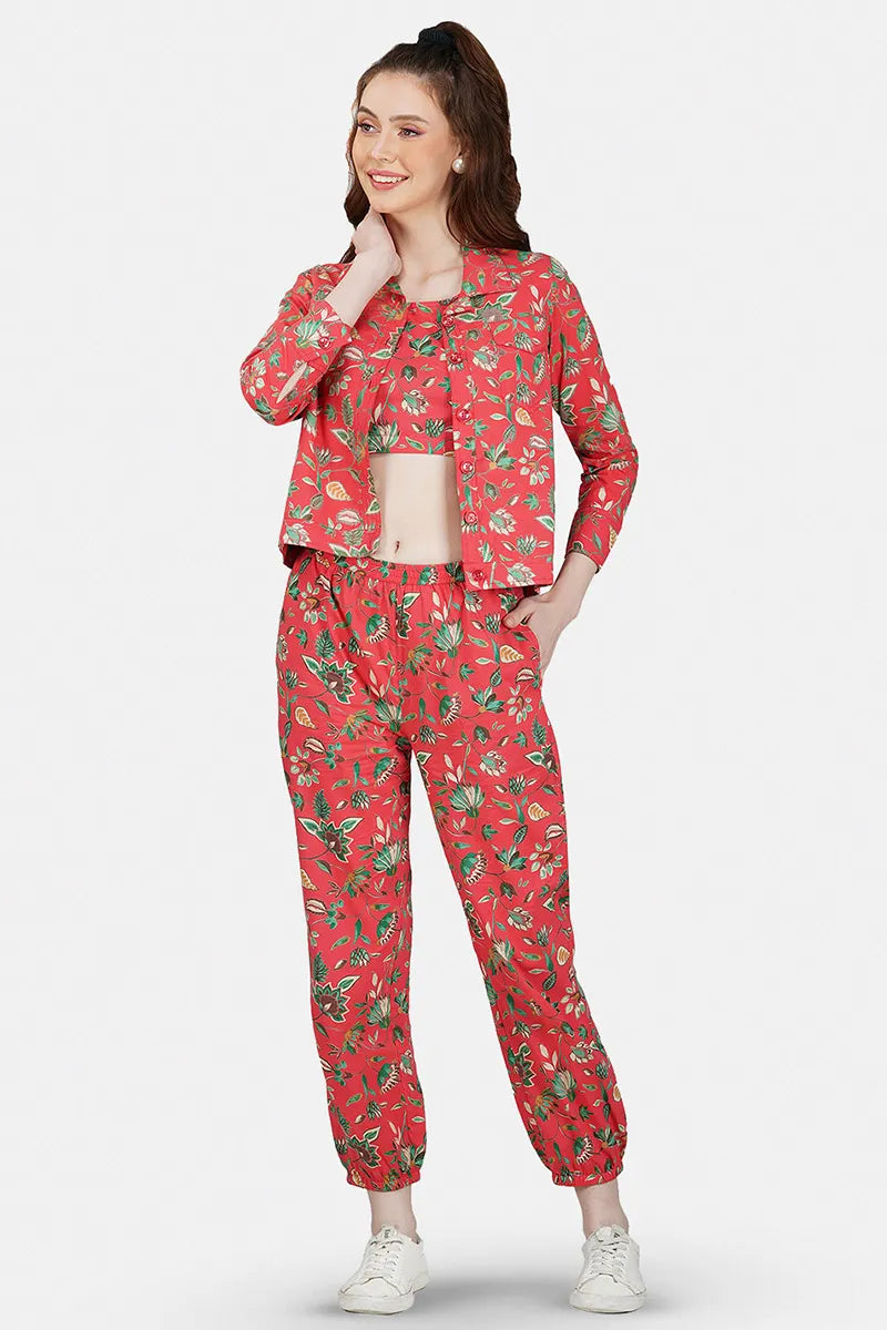Red Hand Printed Jacket Set With Inner & Trouser