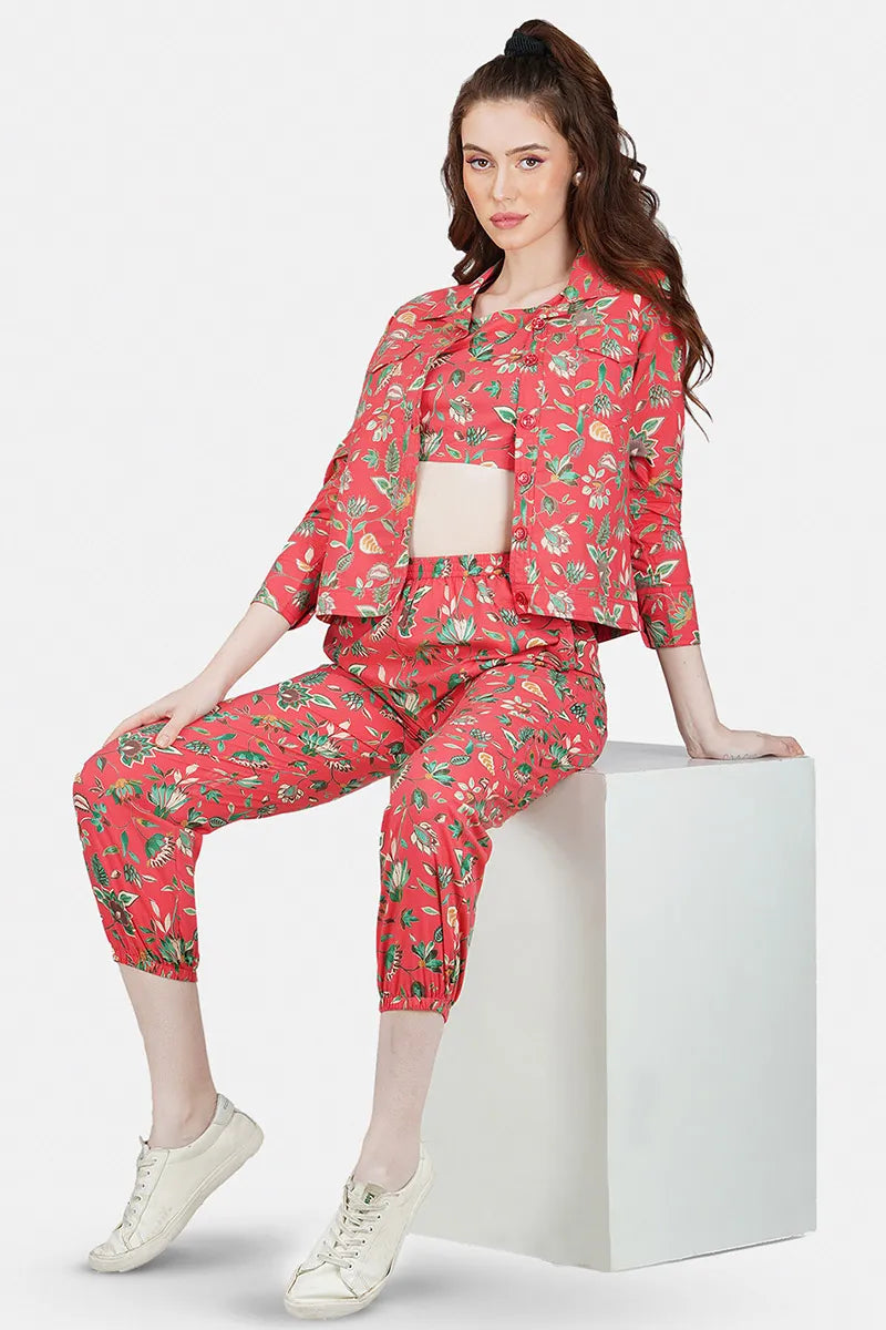 Red Hand Printed Jacket Set With Inner & Trouser