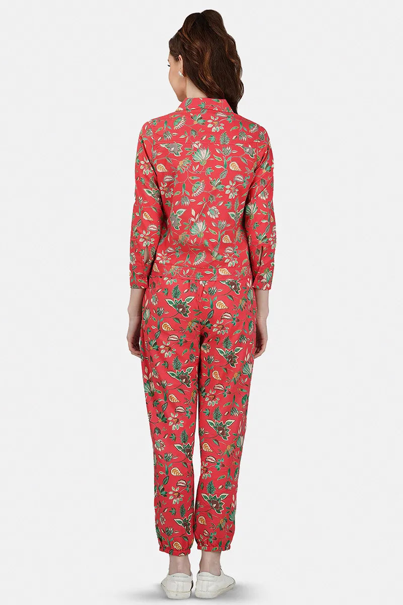 Red Hand Printed Jacket Set With Inner & Trouser