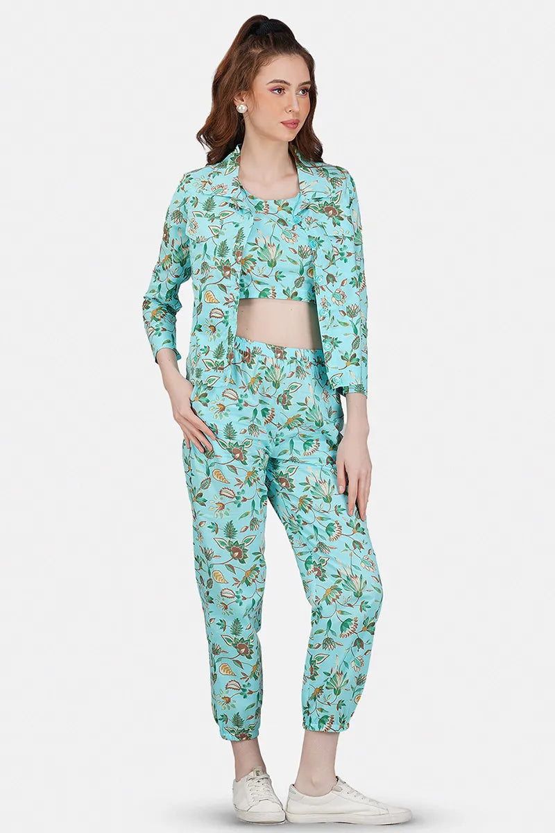 Blue Hand Printed Jacket Set With Inner & Trouser