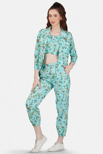 Blue Hand Printed Jacket Set With Inner & Trouser