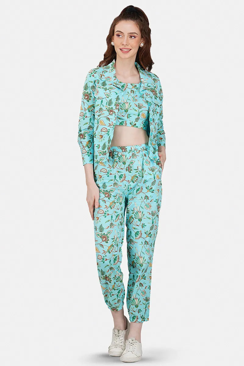 Blue Hand Printed Jacket Set With Inner & Trouser