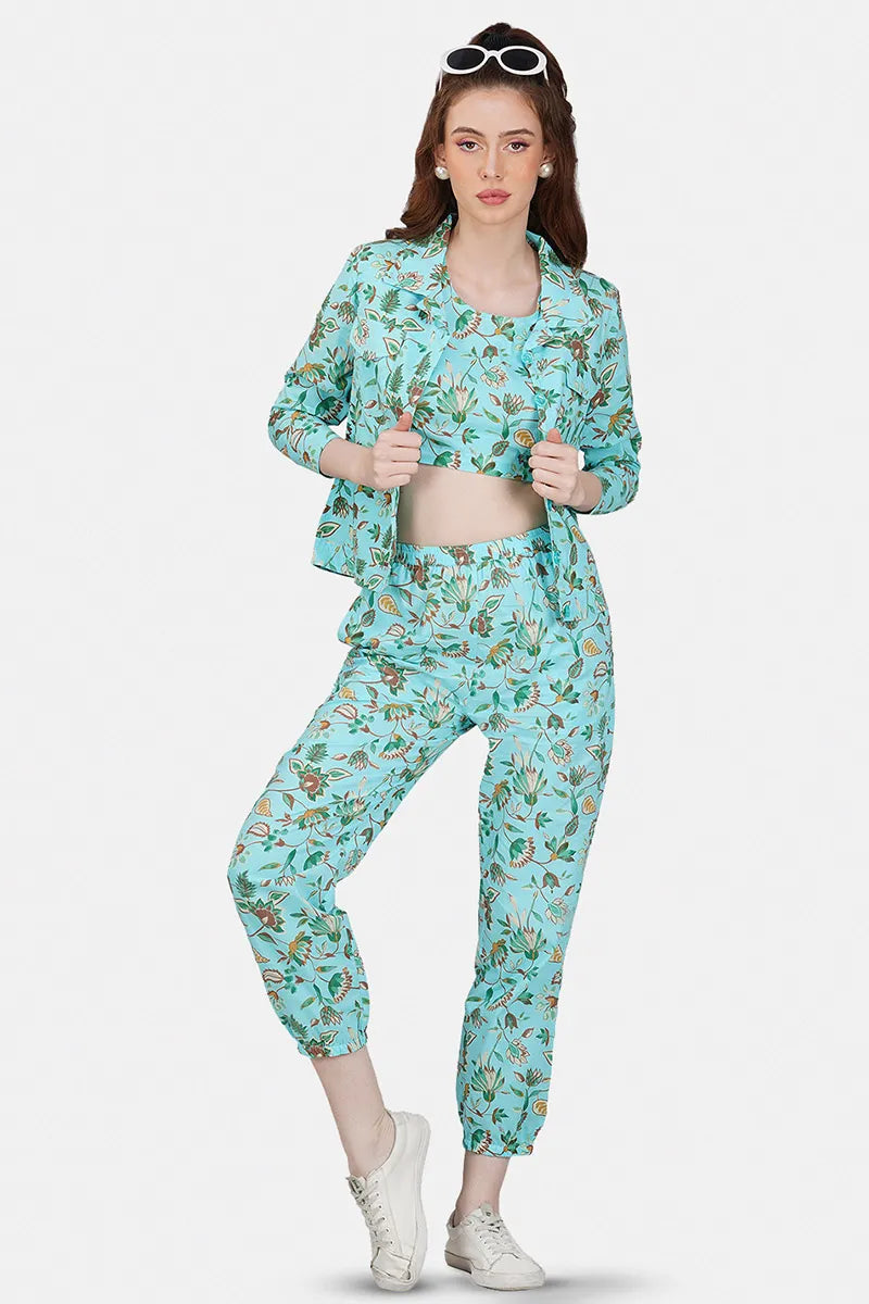 Blue Hand Printed Jacket Set With Inner & Trouser