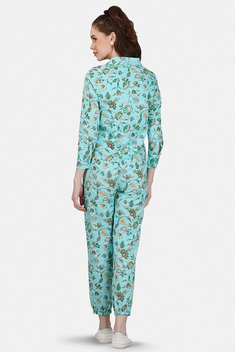 Blue Hand Printed Jacket Set With Inner & Trouser