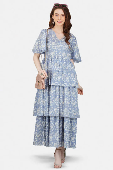 Blue Block Printed V-Neck Ruffled Dress